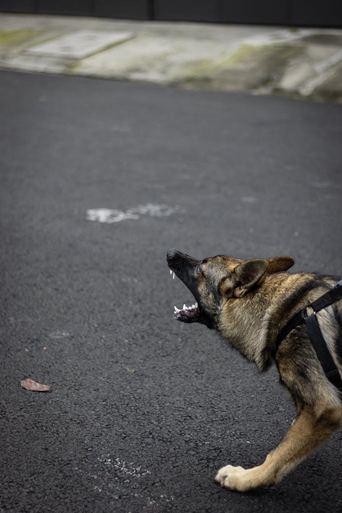 7 Ways to Stop Your Dog From Barking Incessantly: A Survival Guide for Owners Everywhere 4 German Shepherd dog on a leash barking on an empty city street, showcasing alertness and protection.