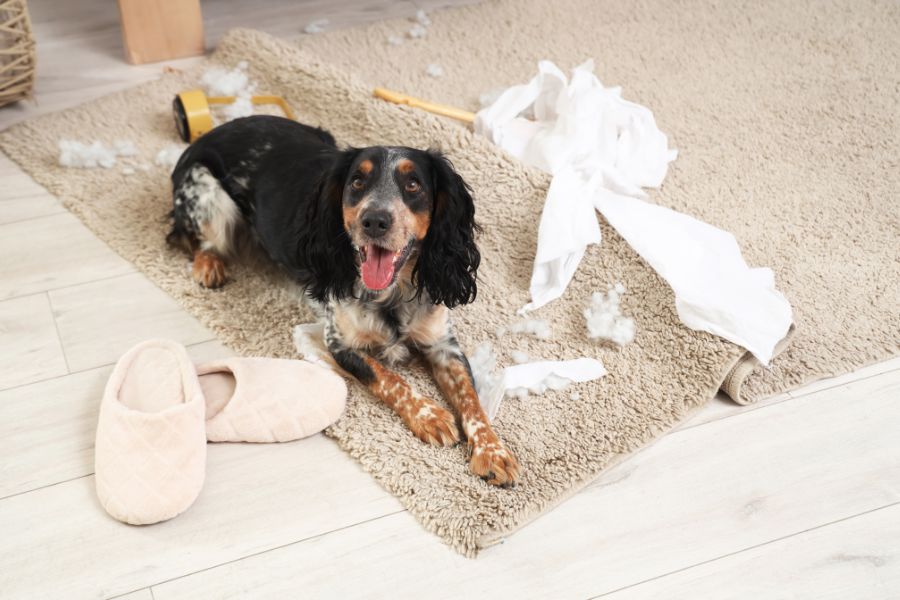 7 Expert Tips for Keeping Your Dog Out of Trouble When You're at Work 6 A black and white dog sits on a beige carpet next to ripped paper, stuffing, and a slipper, appearing cheerful despite the mess. A clear example in tips for keeping your dog out of trouble, showing how boredom leads to destructive behavior.