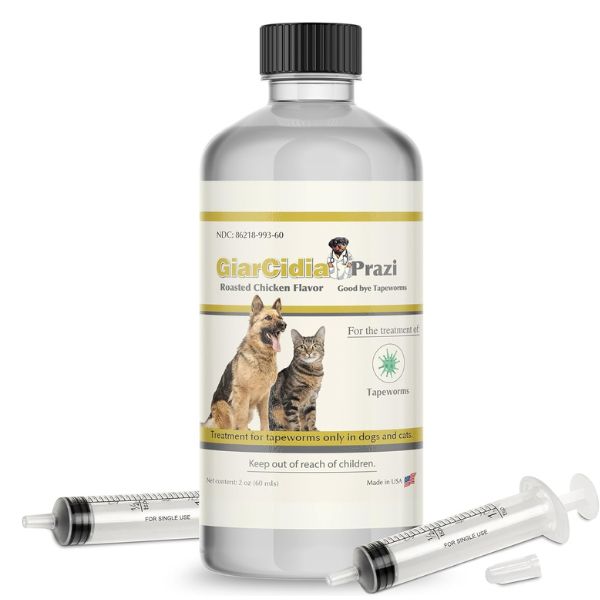 10 Essential Items Every Pet Owner Needs In Their Cupboards When Disaster Strikes 5 A bottle of GiarCidia Plus Prazi liquid treatment for tapeworms in dogs and cats, with included syringes, representing one of the vital Items Every Pet Owner Needs for parasite prevention.