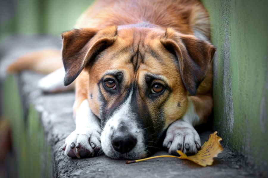 How Your Stress Affects Your Dog and Why They Mirror Your Mood (And How to Break the Cycle) 2 A basset hound lies in the grass with droopy eyes, chewing a stick while looking up with a concerned expression. This image captures how your stress affects your dog, often showing in their body language and behavior.