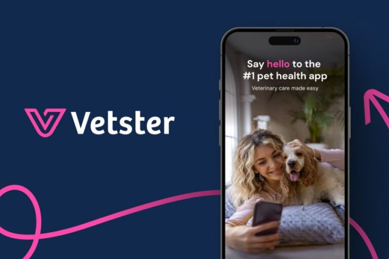 A woman smiles at her phone while cuddling her dog, featured on a smartphone mockup with the Vetster logo and tagline “Say hello to the #1 pet health app.” The background uses Vetster’s brand colors and emphasizes easy access to veterinary care through the app.