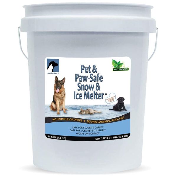 10 Essential Items Every Pet Owner Needs In Their Cupboards When Disaster Strikes 8 Large white bucket of Pet & Paw-Safe Snow & Ice Melter, labeled safe for pets and surfaces, an essential winter safety product among Items Every Pet Owner Needs.