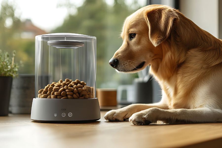 A golden retriever staring intently at a modern automatic dog feeder filled with kibble. With a gaze like that, it’s hard not to ask, is your dog manipulating you into feeding them early?