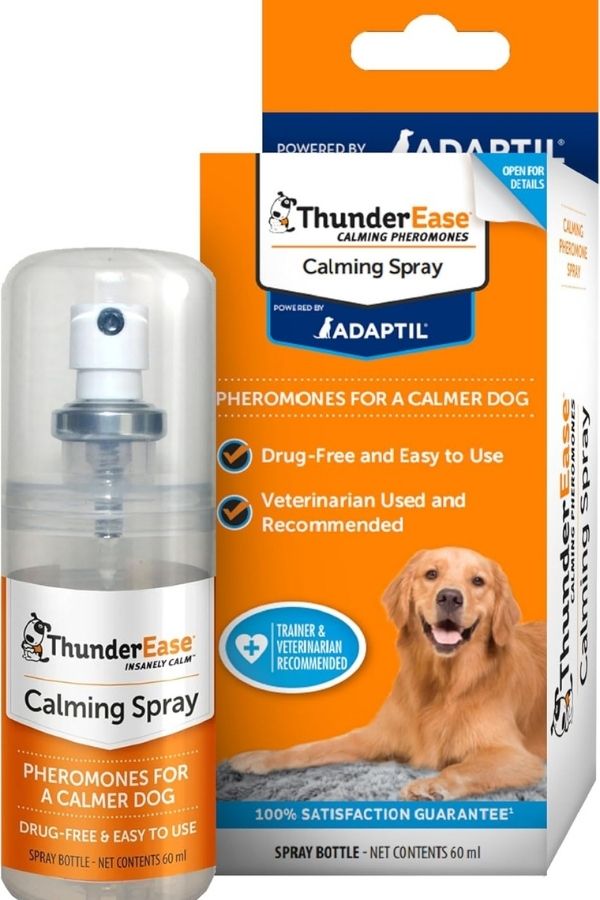 ThunderEase calming spray with pheromones for dogs, marketed as drug-free support for your dog during a thunderstorm, travel, or vet visits.