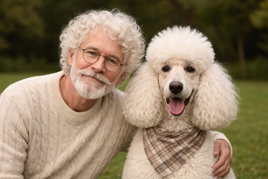 A man with his arm around a large poodle looking alike with a similar pooch personality