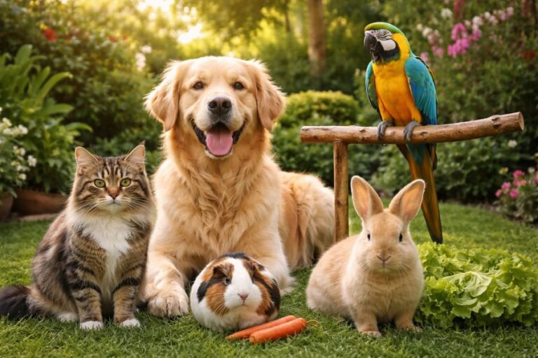 A cheerful group of pets including a golden retriever, cat, guinea pig, rabbit, and parrot poses in a sunny garden. No matter the species, there's a perfect Name for your pet in this playful mix.