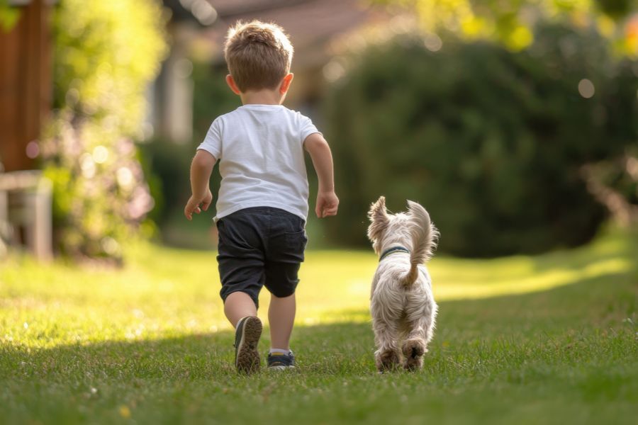 A toddler walks alongside a small dog in a sunny yard, both seen from behind. Fast movements or unpredictable behavior from kids are common things that frighten dogs.