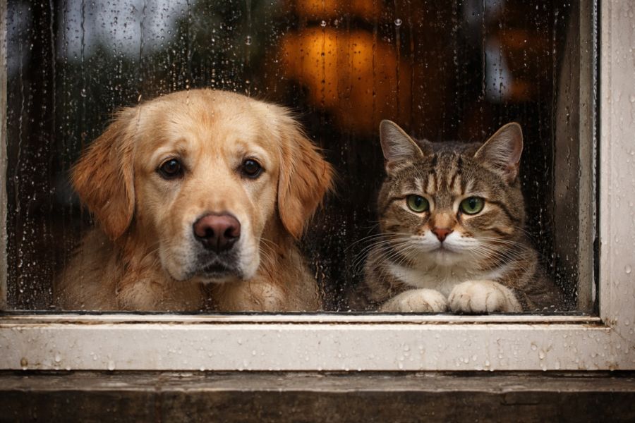 A golden labrador and a tabby cat sit side by side behind a rain-covered window, gazing out with solemn expressions. Their pensive look reflects the question: do pets actually get seasonal affective disorder?