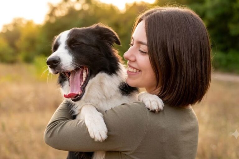 A smiling woman holds a black and white dog with its mouth wide open and eyes closed in a yawn like expression. The playful moment reflects the question can dogs laugh by showing a canine expression that resembles laughter.