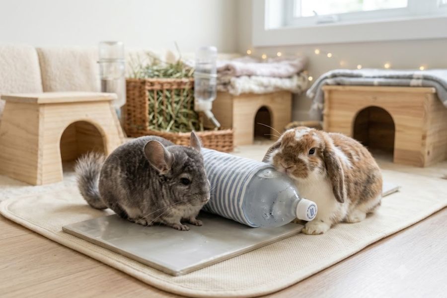 A gray chinchilla and a brown and white rabbit sit beside a chilled water bottle wrapped in striped fabric. The cool bottle shows a practical way to help manage heatstroke in small pets.
