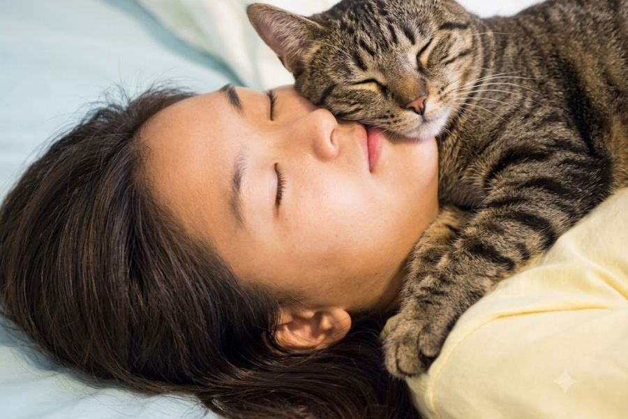 Why Does My Cat Sleep Next to My Head? (And Why They Pick That Exact Spot) 2 A brown tabby cat sleeps across a womans cheek and shoulder with one paw curled around her neck. The close cuddle illustrates the cat sleep next to my head habit.